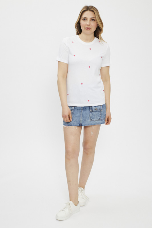 T-shirt blanc brodés coeurs coupe standard