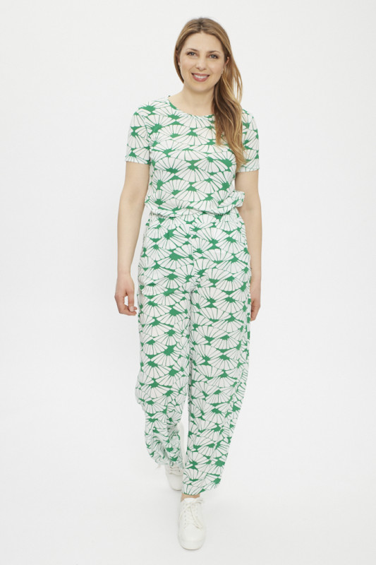 Top vert et blanc à motifs fleurs manches courtes