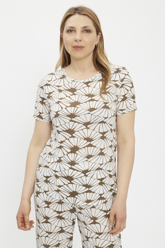 Top marron et blanc à motifs fleurs femme
