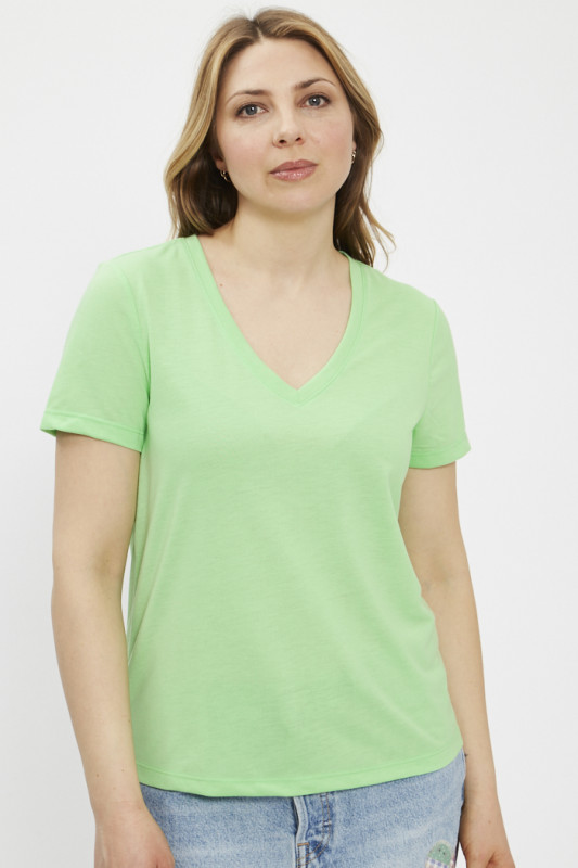 T-shirt col V vert anis femme