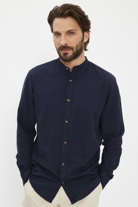 Chemise bleu marine col mao coton et lin homme