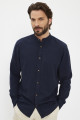 Chemise bleu marine col mao coton et lin