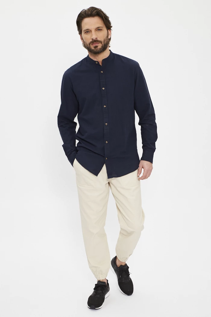 Chemise bleu marine col mao coton lin homme Jack Jones Destock
