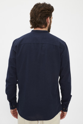 Chemise bleu marine col mao coton et lin