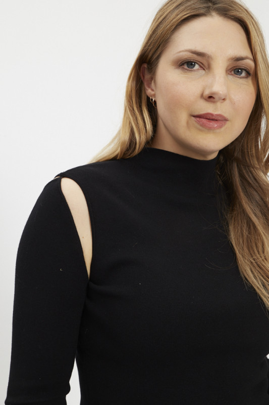 Pull Jupiter caviar noir manches amovibles femme