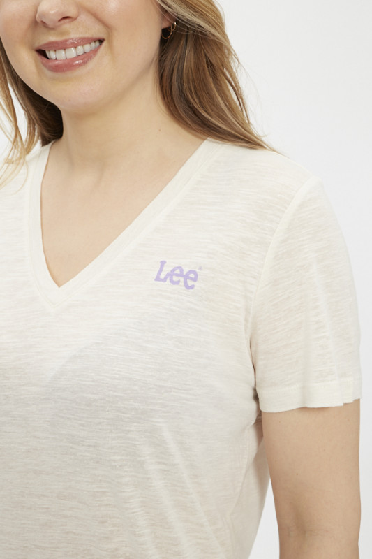 T-shirt col V lin mélangé beige femme