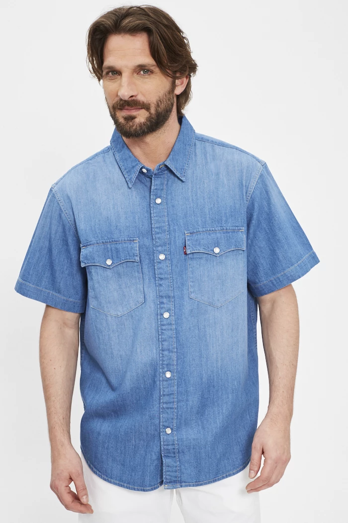 Chemise Homme en Jean Manches Courtes Ete Casual Slim Fit - INSFITY - Gris Bleu - 100% Coton Gris bleu - Prêt-à-Porter
