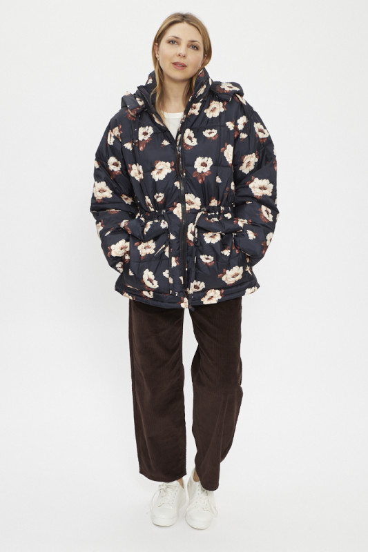 Doudoune noire à fleurs à capuche