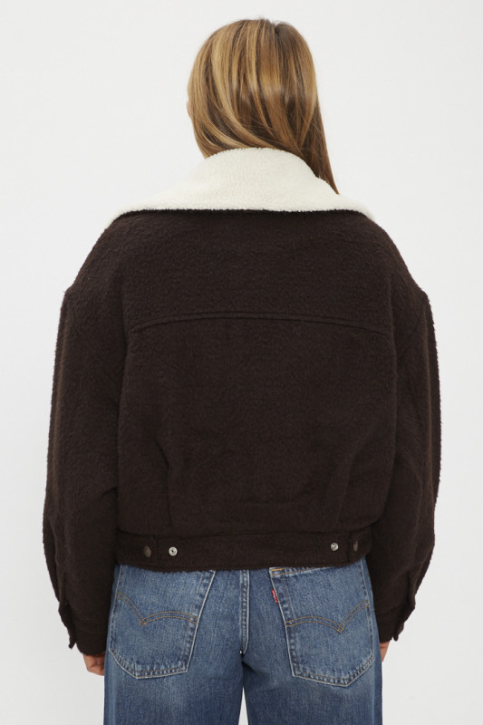 Veste trucker buble marron laine mélangée manches lonuges