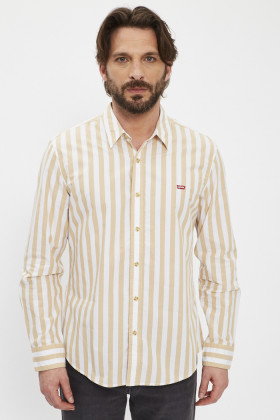 Chemise Ls Battery rayures beige coupe slim homme