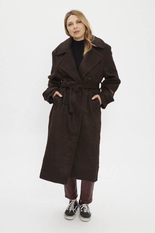Trench coat marron en laine mélangée femme