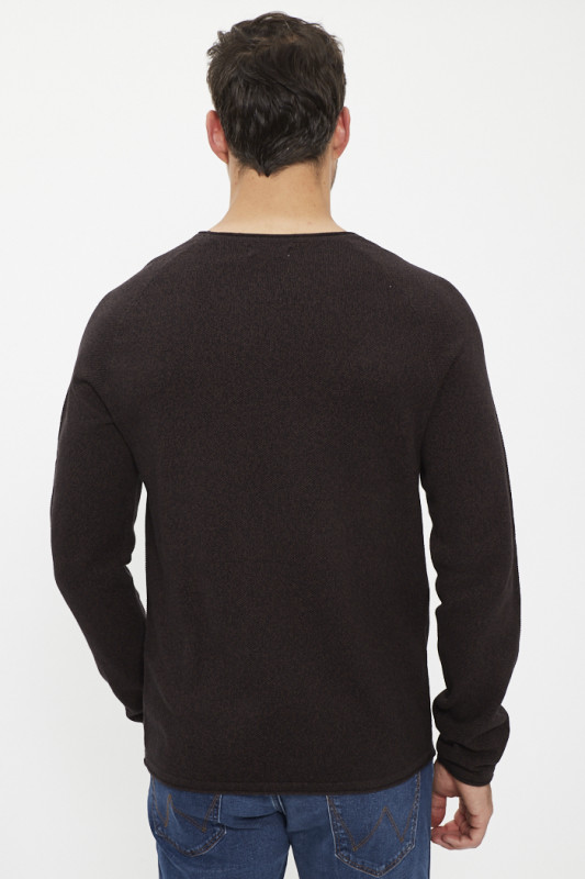 Pul col rond marron chiné homme