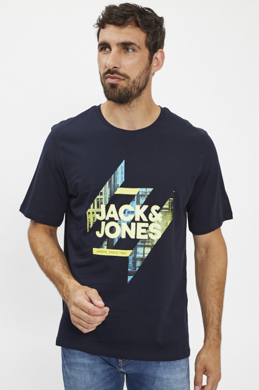 T-shirt bleu marine logo graphique jaune et bleu  homme