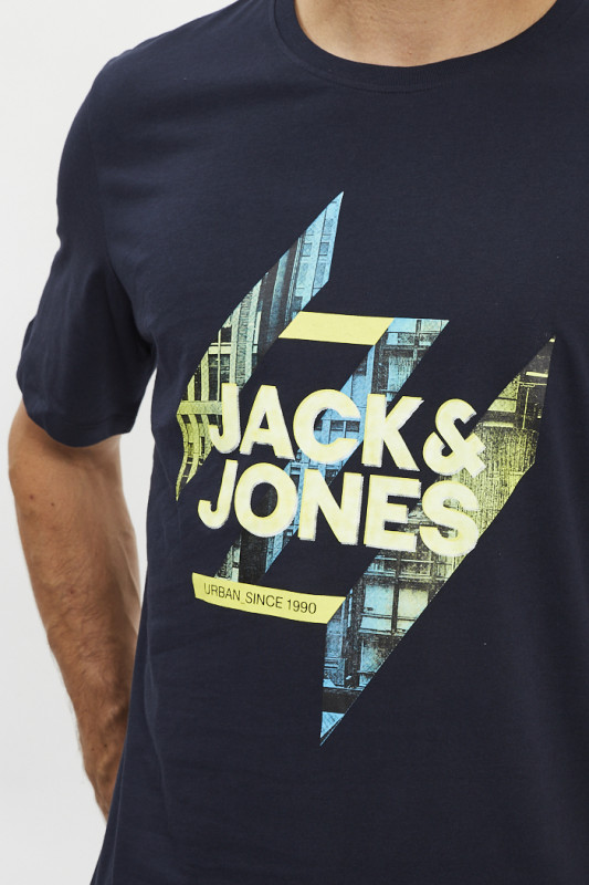 T-shirt bleu marine logo graphique jaune et bleu  homme jack & jones