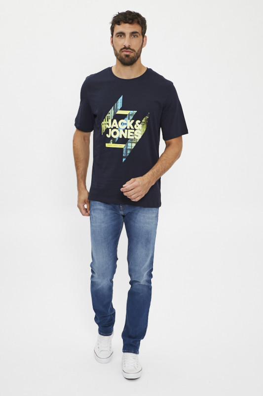T-shirt bleu marine logo graphique jaune et bleu  jack & jones en coton