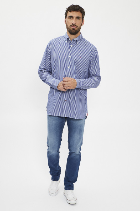 Chemise en popeline de coton à rayures bleues verticales