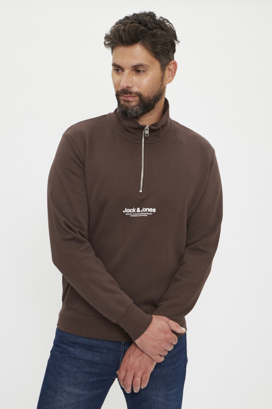 Sweat col montant zippé chocolat jack & jones coton mélangé
