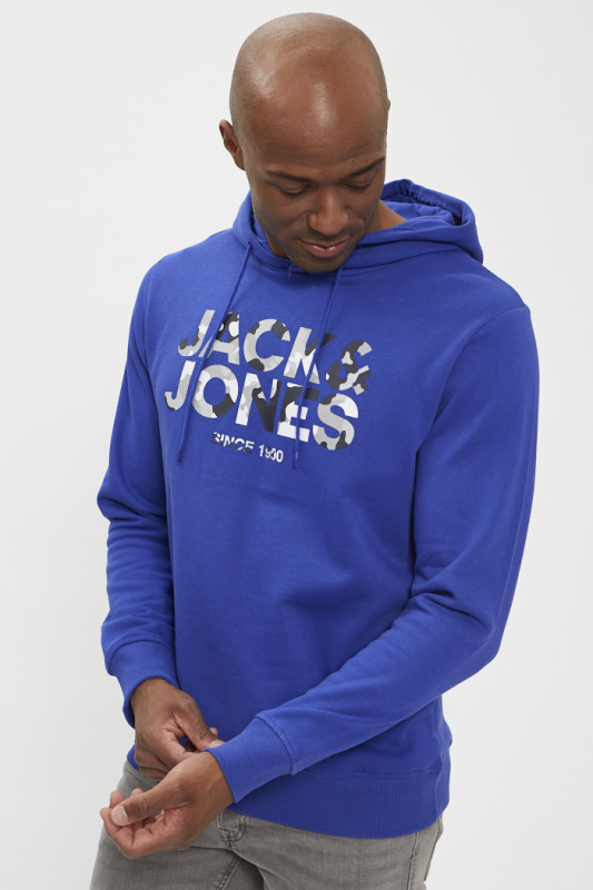Hoodie bleu à capuche coton mélangé homme jack & jones coupe regular