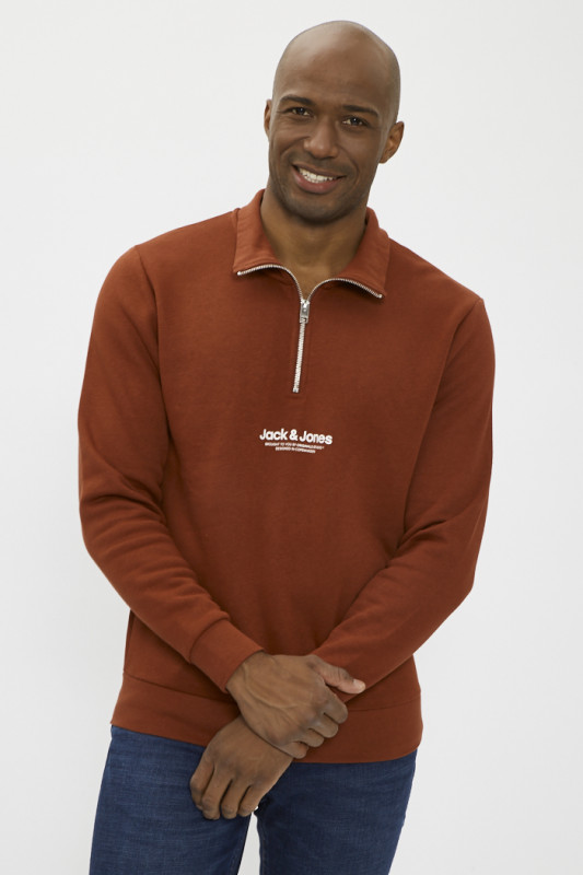 Sweat col montant zippé bordeaux homme coupe droite