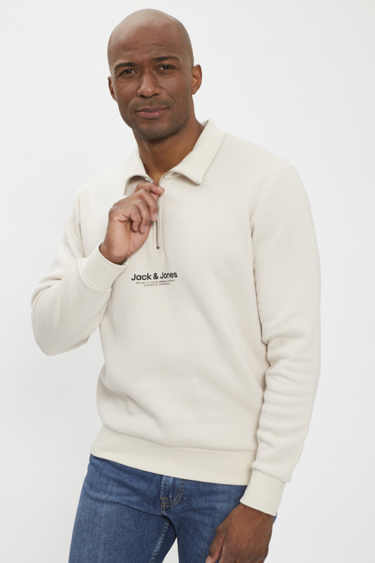 Sweat col montant zippé beige homme jack & jones coton mélangé
