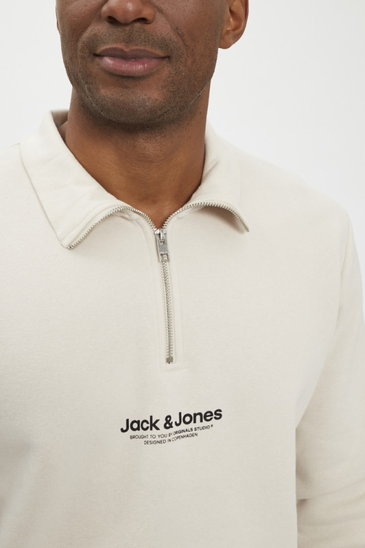 Sweat col montant zippé beige homme jack & jones confortable