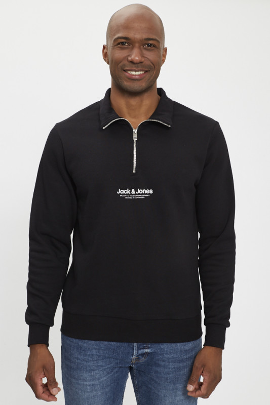 Sweat col montant zippé noir homme manches longues
