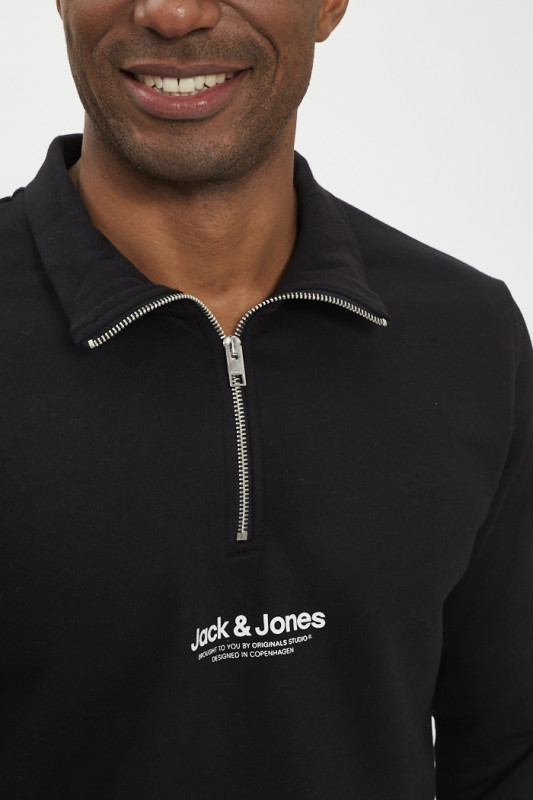 Sweat col montant zippé noir homme coton mélangé