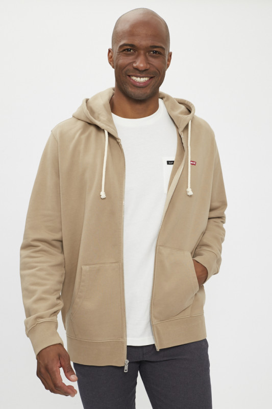 Sweat à capuche zippé en coton beige homme