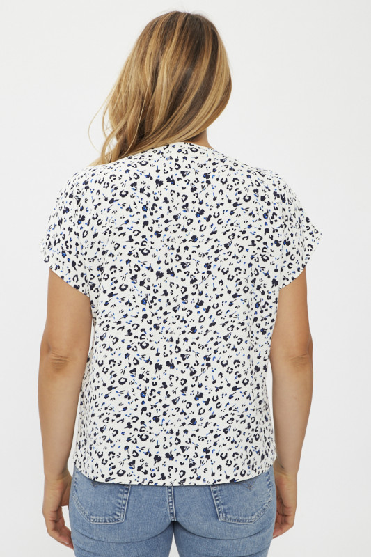 top blanc imprimé fleuri bleu et noir femme élégant