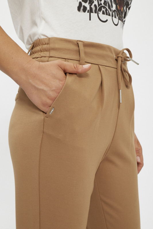 Pantalon regular ceinture élastiquée marron femme cordon de serrage