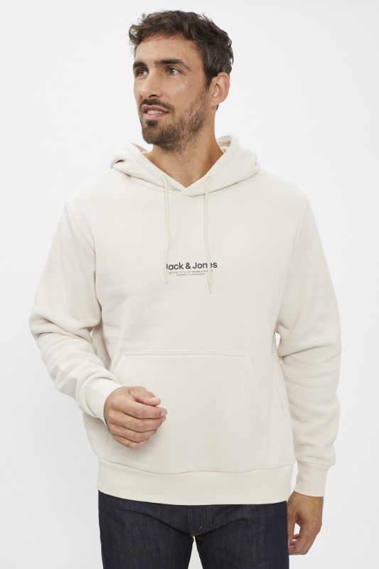 Sweat à capuche crème coton mélangé jack & jones poche kangourou