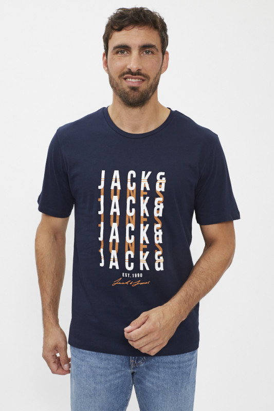 T-shirt bleu marine logo bicolore col rond