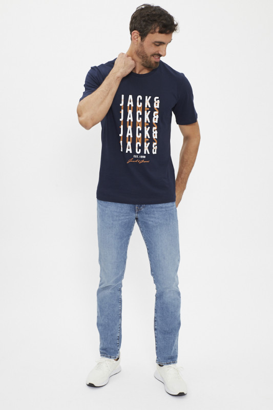 T-shirt bleu marine logo bicolore en coton