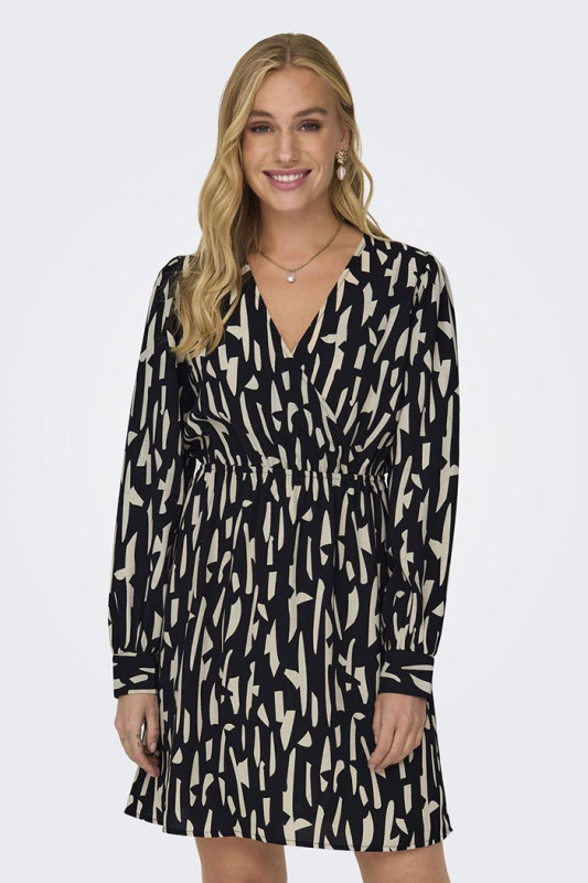 Robe noire et beige à motifs col V