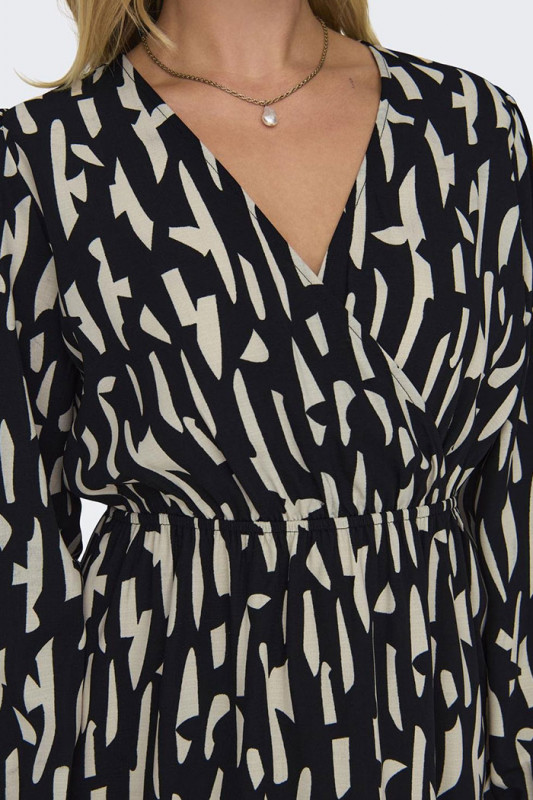 Robe noire et beige à motifs cordon à la taille