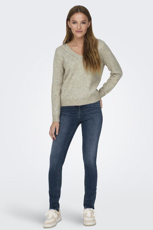 Pull col V beige clair femme