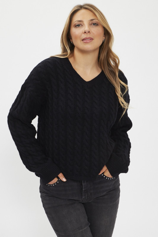 Pull torsadé noir caviar femme