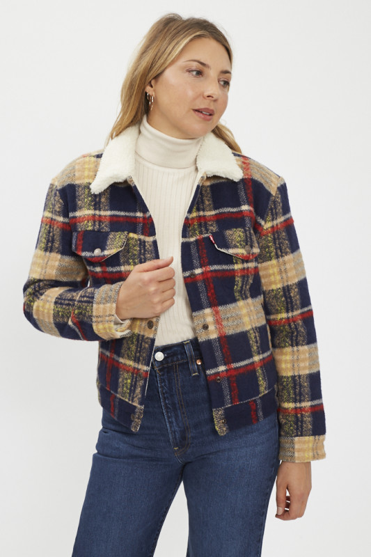 Blouson Wool Trucker sherpa à carreaux  femme