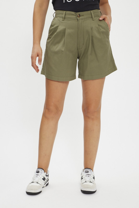 Short à plis vert kaki femme