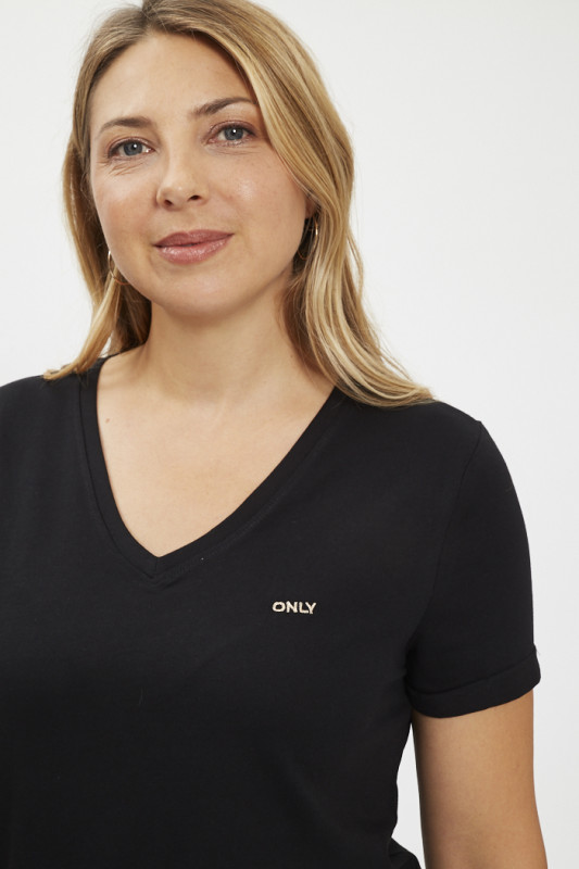T-shirt noir col V manches courtes femme Only