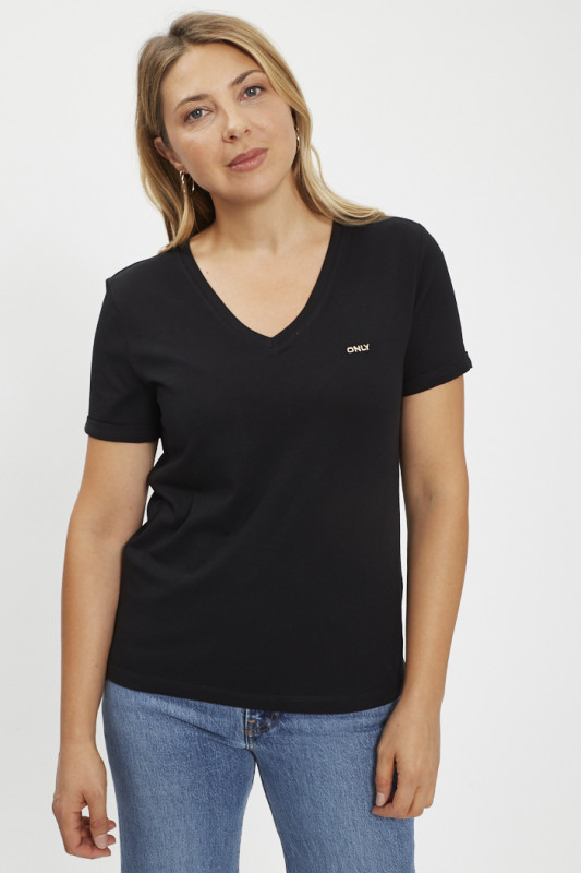 T-shirt noir col V manches courtes 100% coton  femme