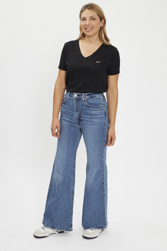 T-shirt noir col V manches courtes 100% coton 