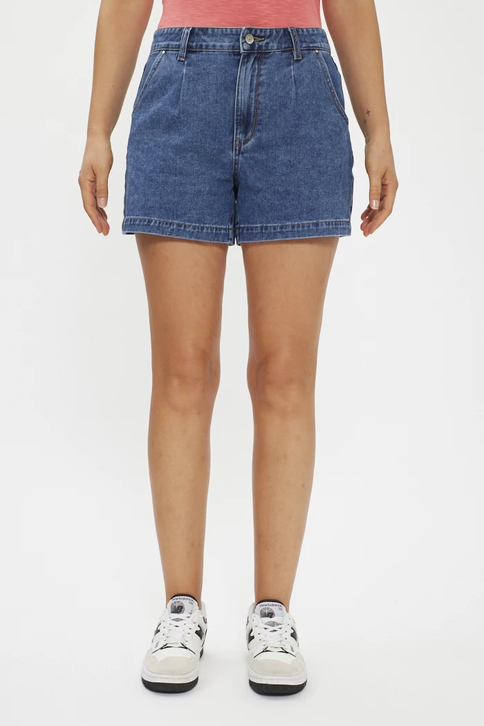 Short Vintage Bleu Denim Palmetto's - Taille Haute 7, Style Plissé Délavé