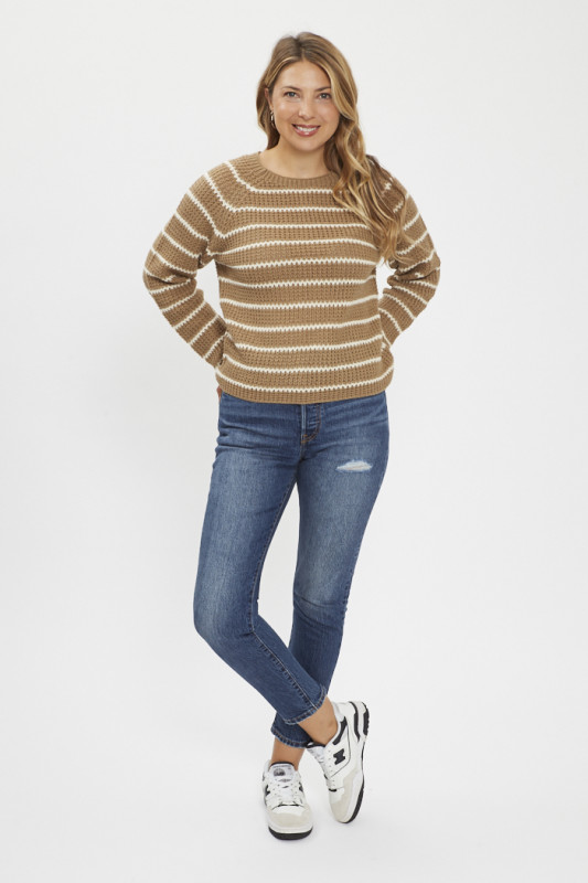 Pull beige à rayures blanches femme