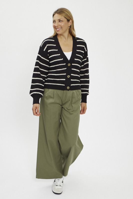 Cardigan noir à rayures blanches femme