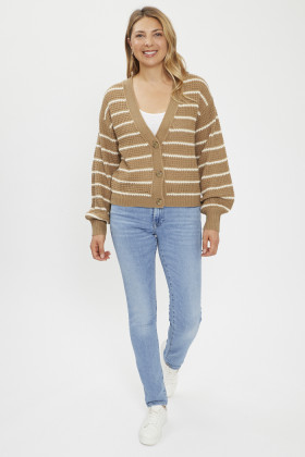 Cardigan beige à rayures blanches femme
