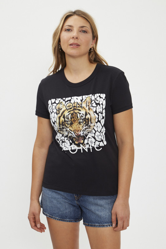 T-Shirt noir manches courtes tête de tigre femme