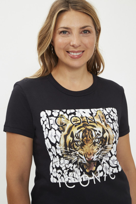 T-Shirt noir manches courtes tête de tigre JDY en coton 