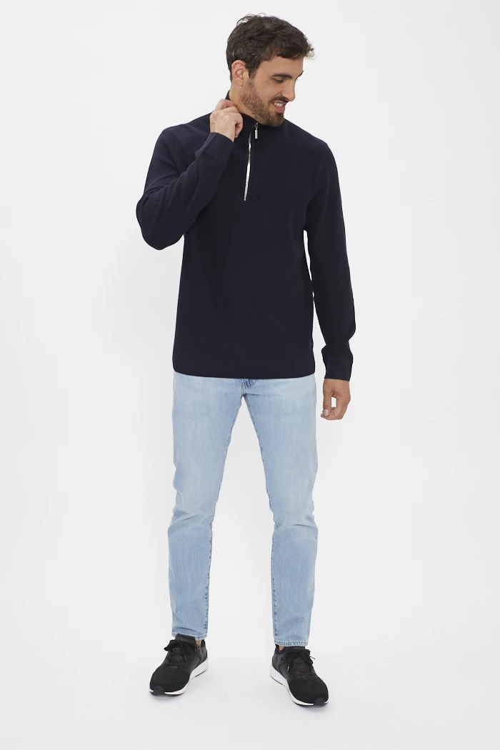 Pull col camionneur zippé torsadé en coton - Bleu - Homme - 22.00