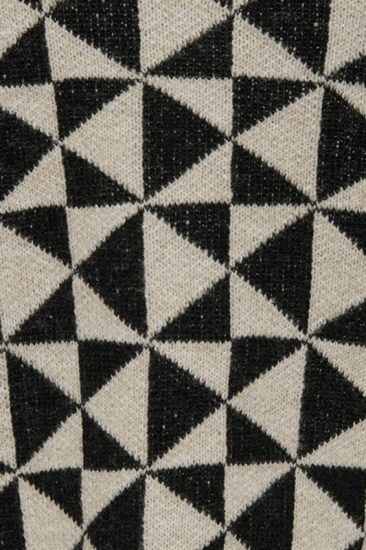 Pull col rond beige motifs géométriques losanges noirs only femme